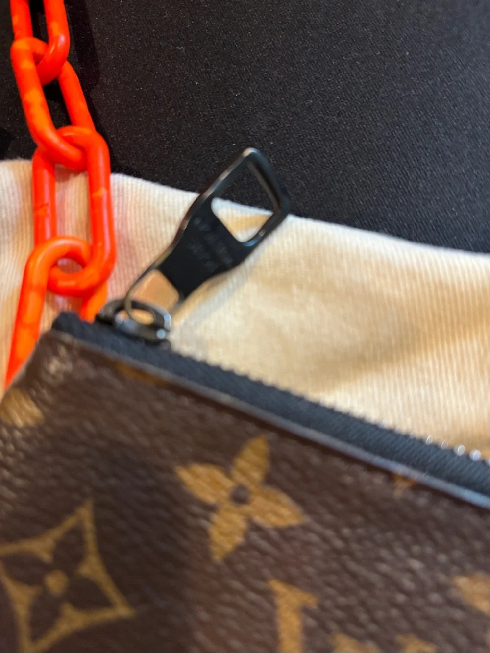 Louis Vuitton Brown Monogram Pouch with Bright Orange Chain
